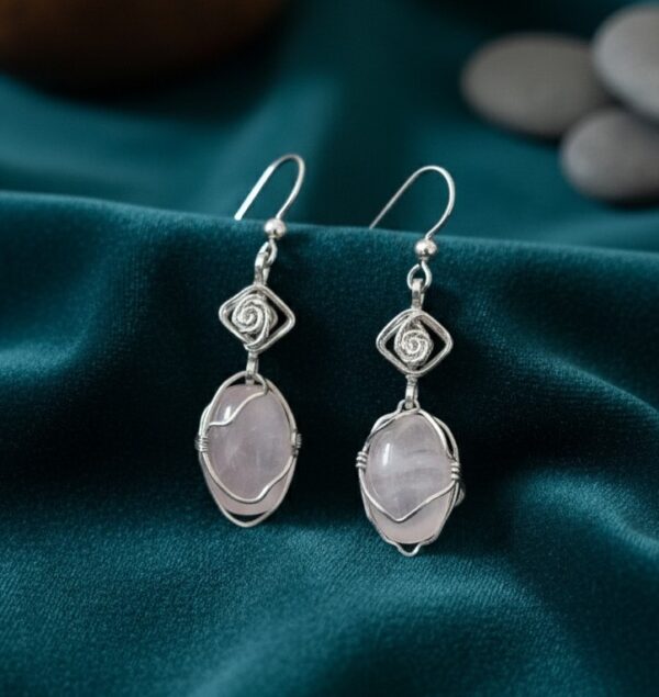 Rose Quartz Wire Wrapped Silver Earrings