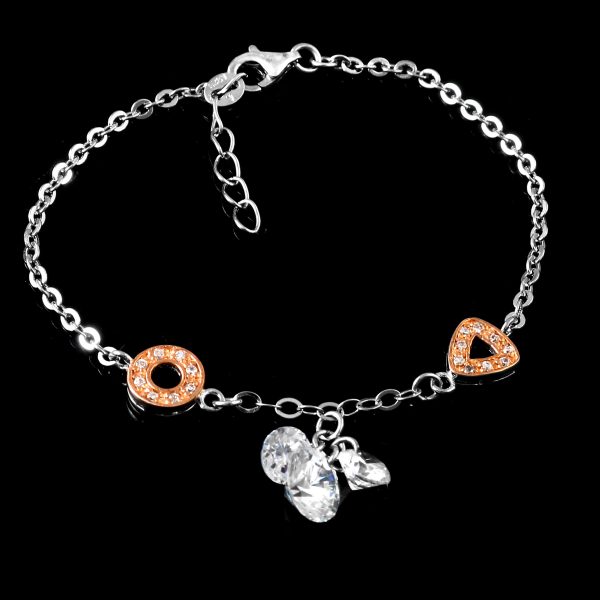 Circle Crystal Rose Gold Plated  Charm CZ Bracelet in Sterling Silver 925, Perfect Gift For Women
