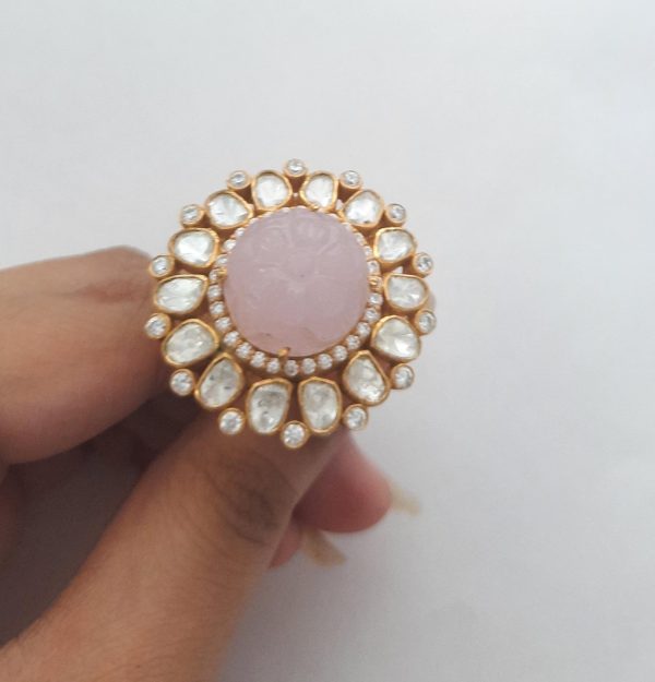 Pink Flower Round Traditional Rajwada Polki Ring