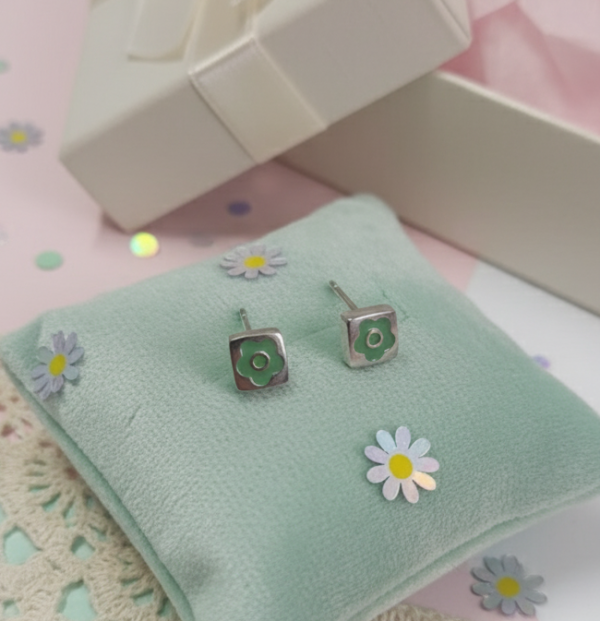 Green Flower Enamel Baby Earrings