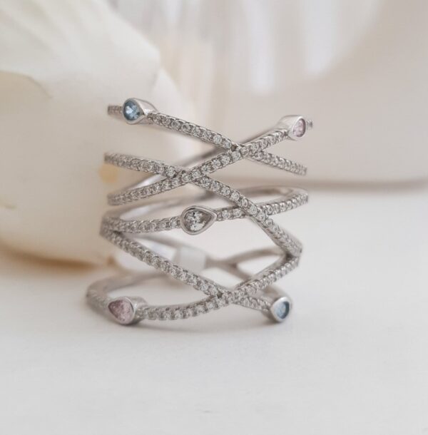 Long Stylish Band Sterling Silver Engagement Ring