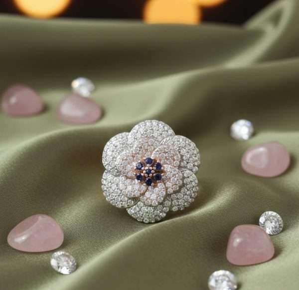 Large Floral Rose Gold Sterling Silver Engagement Ring