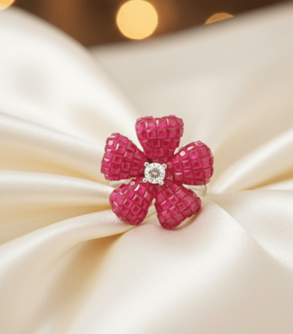 Red Flower Cocktail Ring for women in sterling silver 925