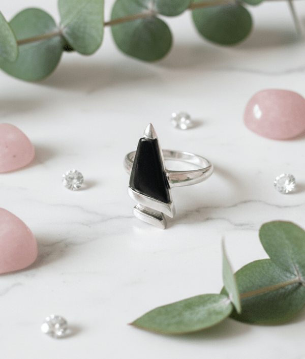 Black Onyx and CZ Triangle Stylish Ring for women in sterling silver 925