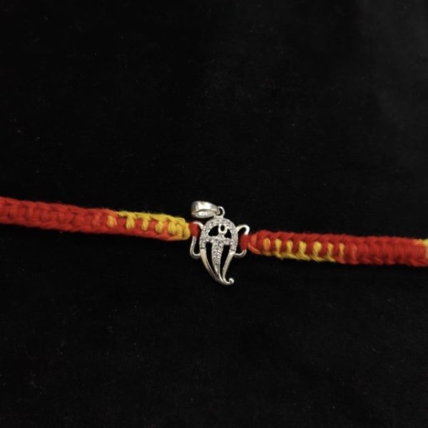 Silver CZ Ganesha Rakhi for Brother, Rakshabandhan, Traditional Moli Rakhi