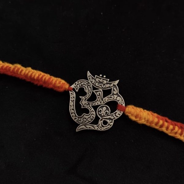 Om Carving Silver Rakhi for Brother, Rakshabandhan, Traditional Moli Rakhi