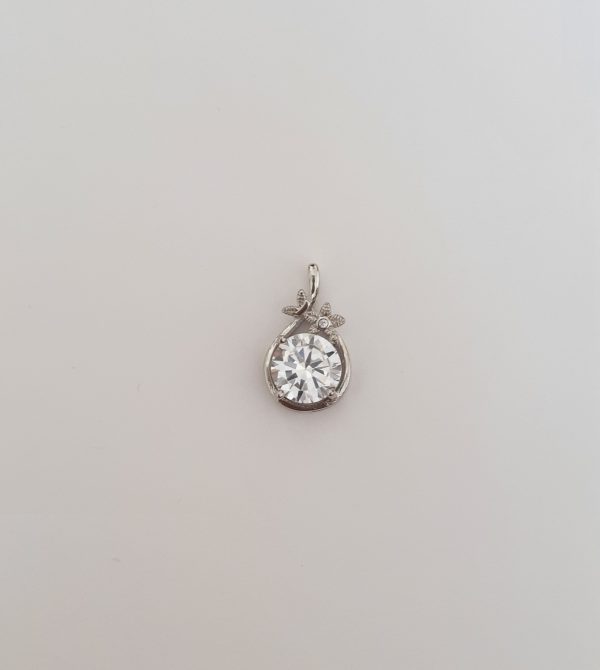 CZ Solitaire Stone With Flower Design Sterling Silver Pendant