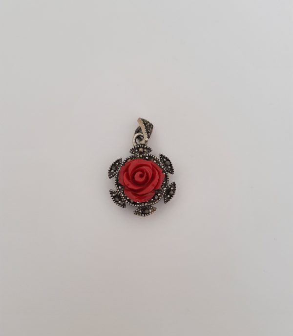 Red Rose Oxidised Flower Sterling Silver Pendant