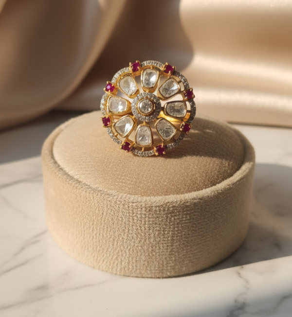Gulabi Bloom Round Traditional Rajwada Polki Ring