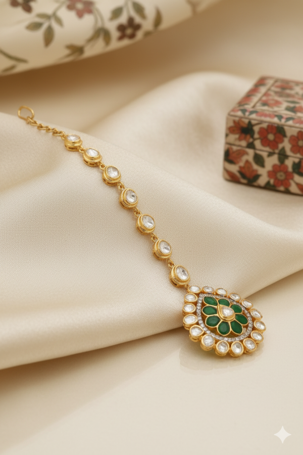  Green Polki Rajwada Stunning Maang Tika for women in Sterling Silver 925
