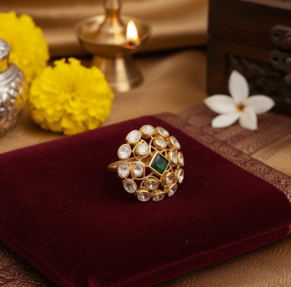 Green Round Traditional Rajwada Polki Ring