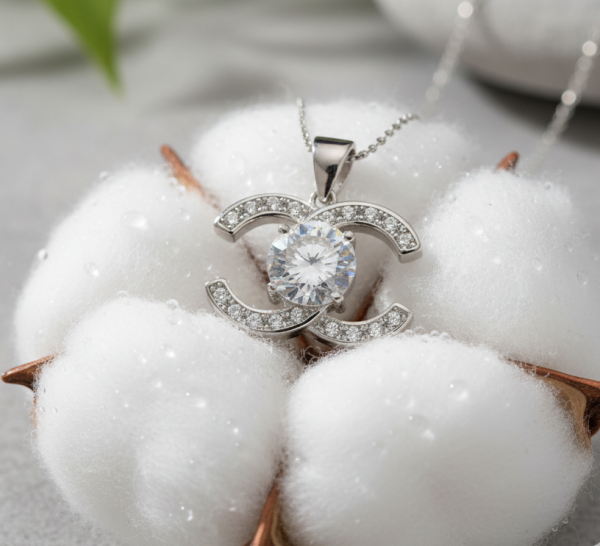 Double Crescent Crystal Pendant In Sterling Silver