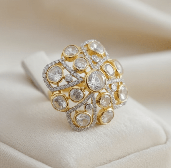 Traditional Square Polki Rajwada Square Ring for Women in Sterling Silver 925