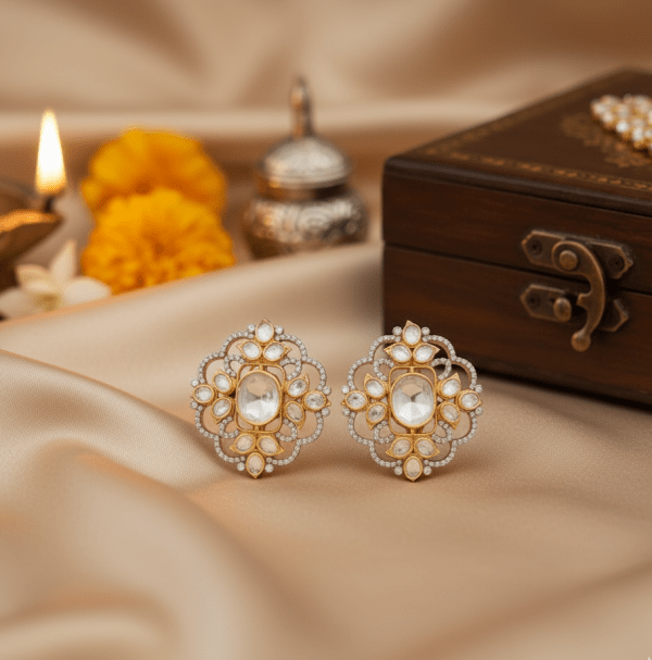 Flower Round Traditional Rajwada Polki Earrings for Women in Sterling Silver 925