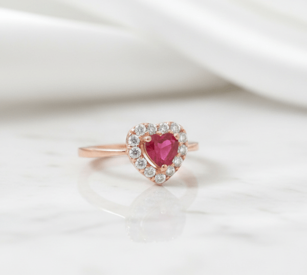 Pink Heart Gemstone Halo Ring in Sterling Silver 925