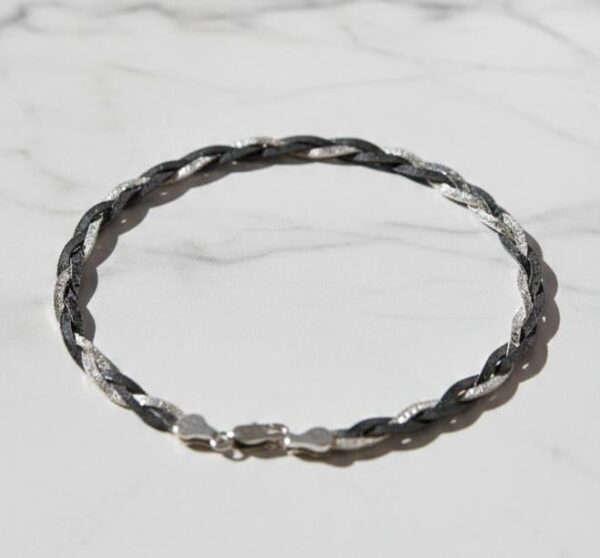 Leek Polished Silver And Matte Black Braided Link Anklet