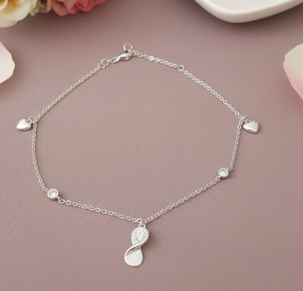 Mini Hearts & Sparkle Drop Anklet in Sterling Silver 925