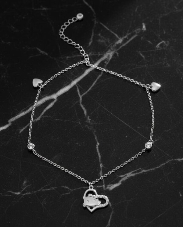 Dainty Kitty Heart Lock Silver Anklet