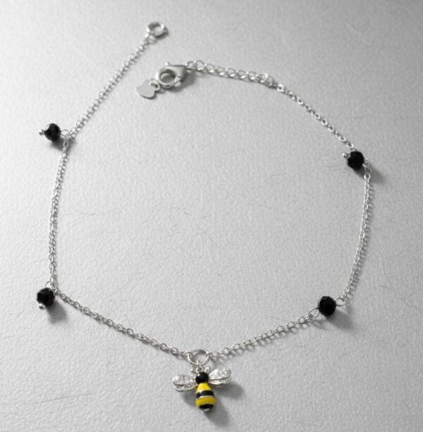 Sterling Silver Honeybee and Black Onyx Bead Charm Anklet