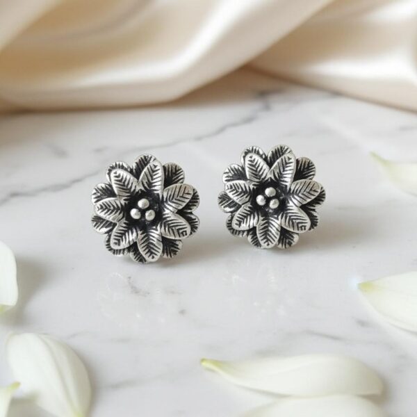 BloomLeaf Oxidised Silver Floral Stud Earrings in Sterling Silver 925