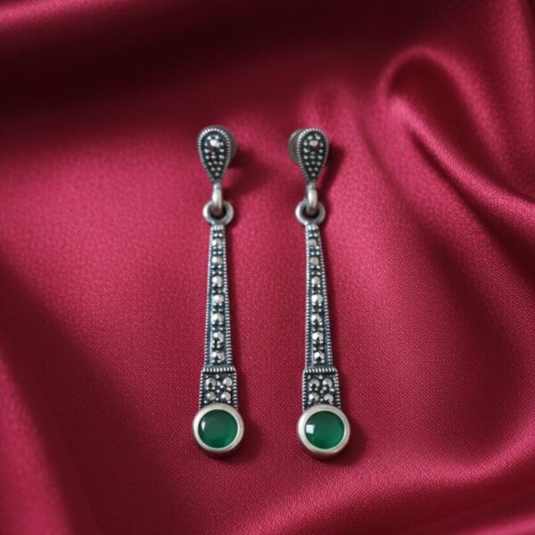 Green Stone Marcasite Long Drop Earrings in Sterling Silver 925