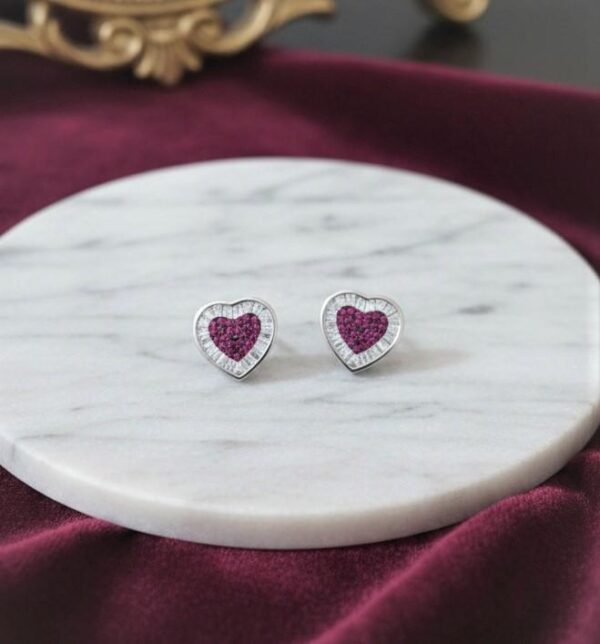 Ruby Heart Stud Earrings in Sterling Silver 925