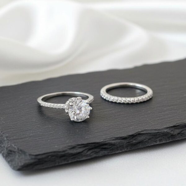 Round-Cut Solitaire Engagement Ring with Matching Pavé Band Set in Sterling Silver 925