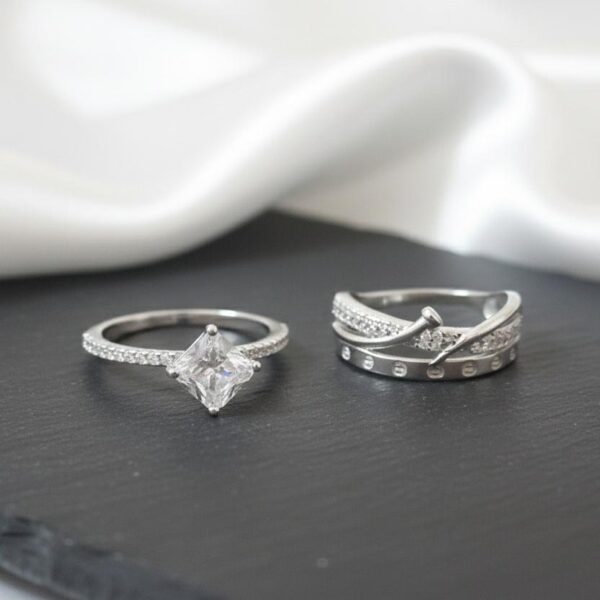 Sleek High-Shine Square Solitaire with Triple-Row Pavé Wedding Set in Sterling Silver 925
