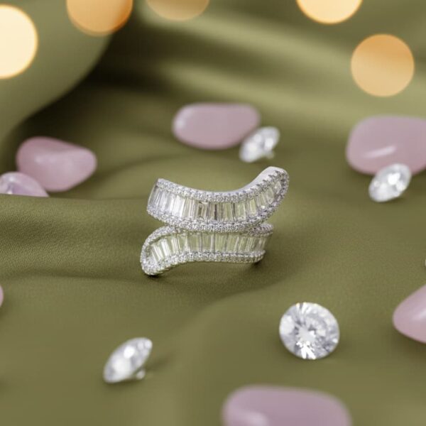 Dual-Row Baguette Wave Ring in Sterling Silver 925