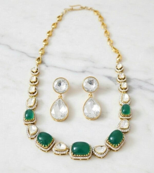 Gold Plated Emerald and Polki Diamond Necklace Set with Kundan Detailing