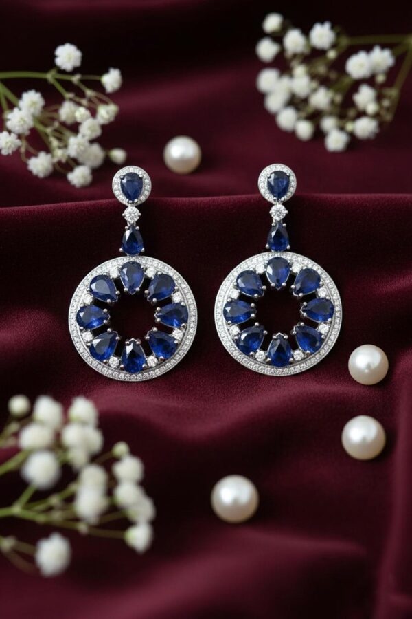 Brilliant Cobalt Blue Crystal Halo Statement Earrings in Sterling Silver 925