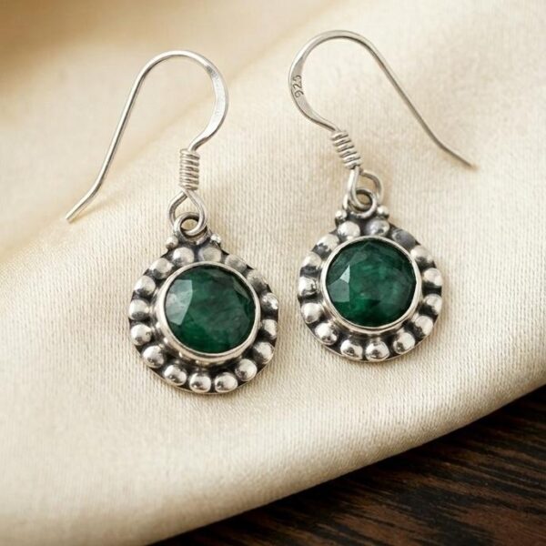 Oxidized Sterling Silver Beaded Halo Drop Earrings with Emerald-Style Stone in Sterling Silver 925