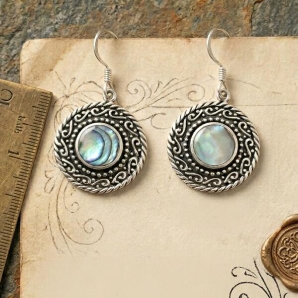 Exquisite High-Contrast Textured Silver and Rainbow Shell Medallion Dangles in Sterling Silver 925