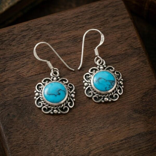 Oxidized Sterling Silver Filigree Drop Earrings with Turquoise-Style Dangles in Sterling Silver 925