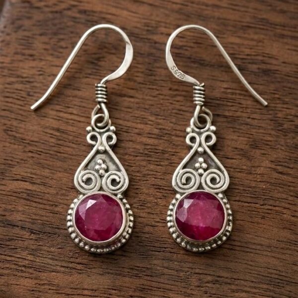 Oxidized Sterling Silver Filigree Drop Earrings with Faceted Ruby-Style Stone in Sterling Silver 925