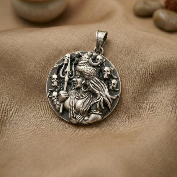 Oxidized Sterling Silver Lord Shiva Aghori Pendant with Trishula and Skulls