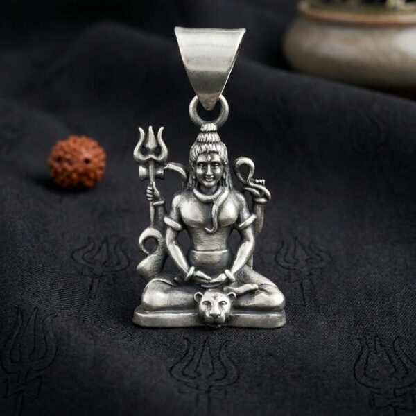 Oxidized Sterling Silver Lord Shiva Meditating Pendant with Trishula