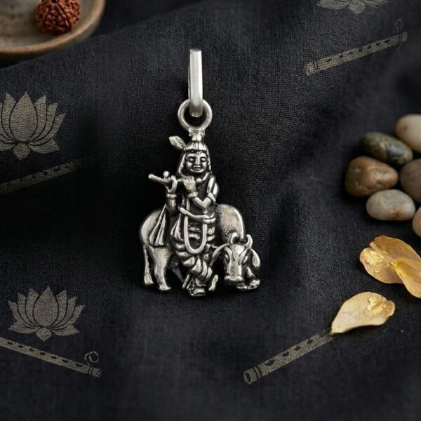 Oxidized Sterling Silver Lord Krishna Flute Player Pendant with Sacred Cow
