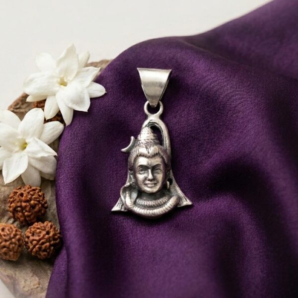 Oxidized Sterling Silver Lord Shiva Head Pendant with Crescent Moon and Serpent