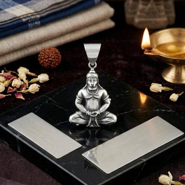Oxidized Sterling Silver Meditating Hanuman Pendant in Dhyana Mudra