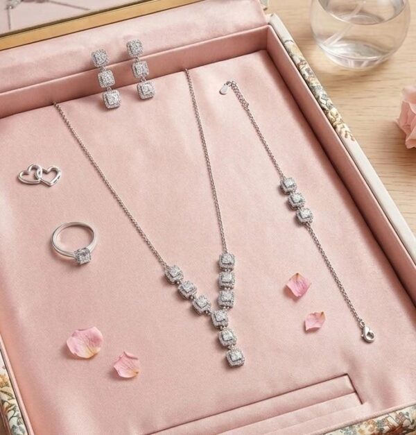 925 Sterling Silver Square Halo Diamond Necklace Set with Earrings & Bracelet