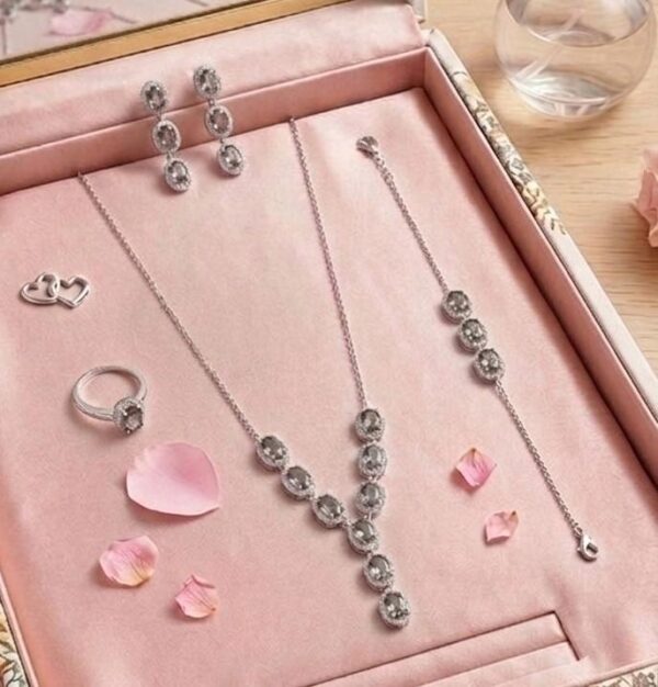 925 Sterling Silver Oval Halo Drop Necklace Set with Earrings, Ring & Bracelet