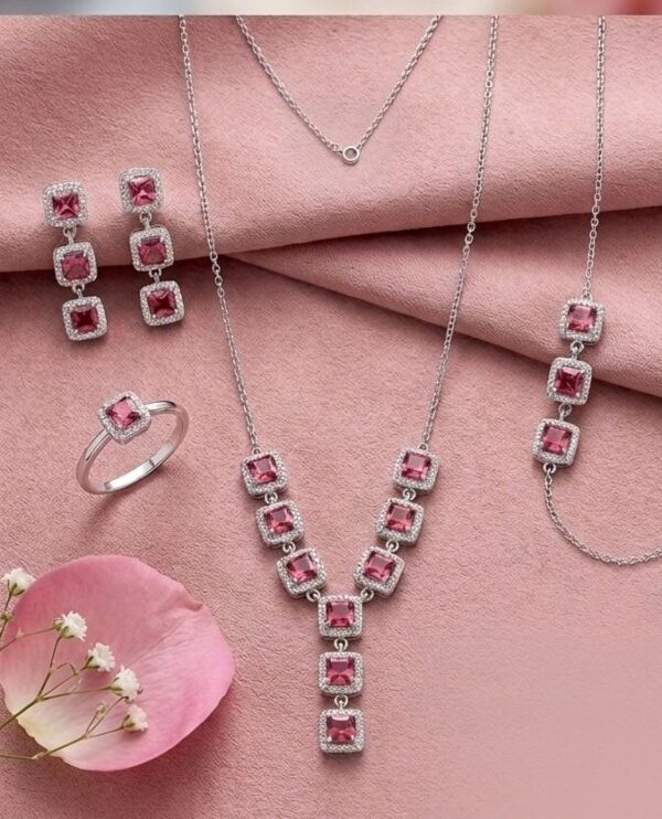 925 Sterling Silver Pink Square Halo Necklace Set with Earrings, Ring & Bracelet