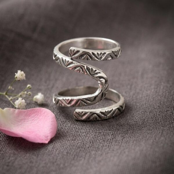 Oxidized Multi-Layer Spiral Wrap Ring with Tribal Engravings in Sterling Silver 925