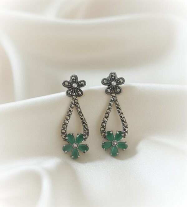 Emerald Bloom Flower Marcasite Drop Earrings in Sterling Silver 925