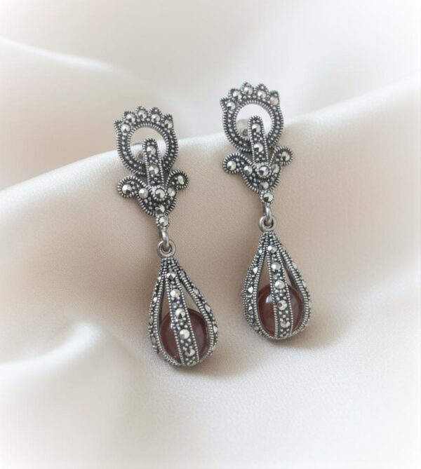 Heritage Teardrop Marcasite Drop Earrings in Sterling Silver 925