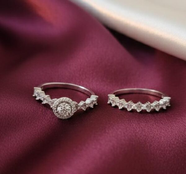 Round Halo Engagement Ring with Baguette-Cut Accent Band Set in Sterling Silver 925