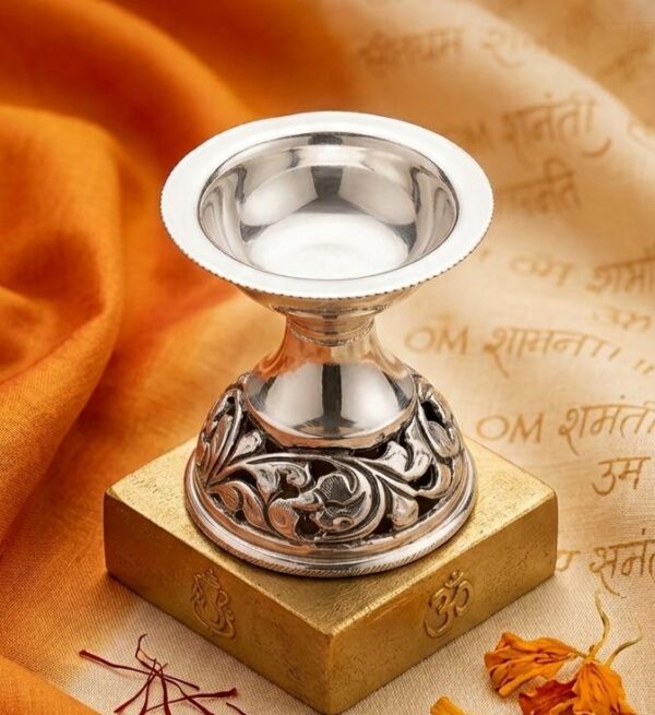 Pure Silver Traditional Akhand Diya with Ornate Floral Base