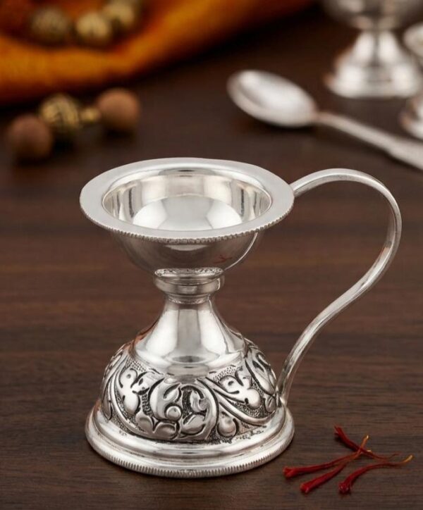 Pure Silver Traditional Akhand Diya with Integrated Handle and Floral Base