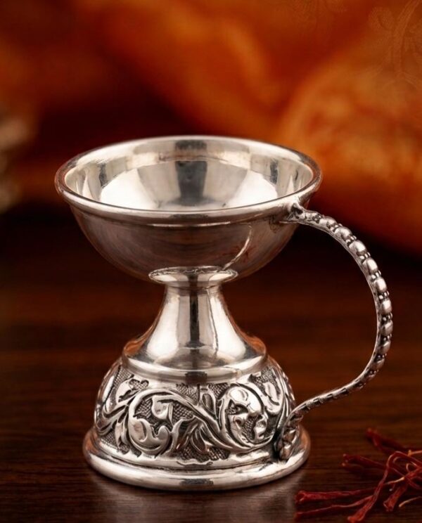 Pure Silver Traditional Akhand Diya with Textured Beaded Handle